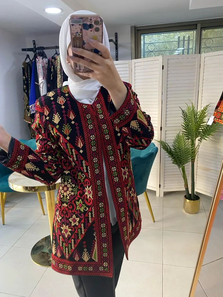 Elegant Palestinian Black And Red Floral Embroidered Jacket