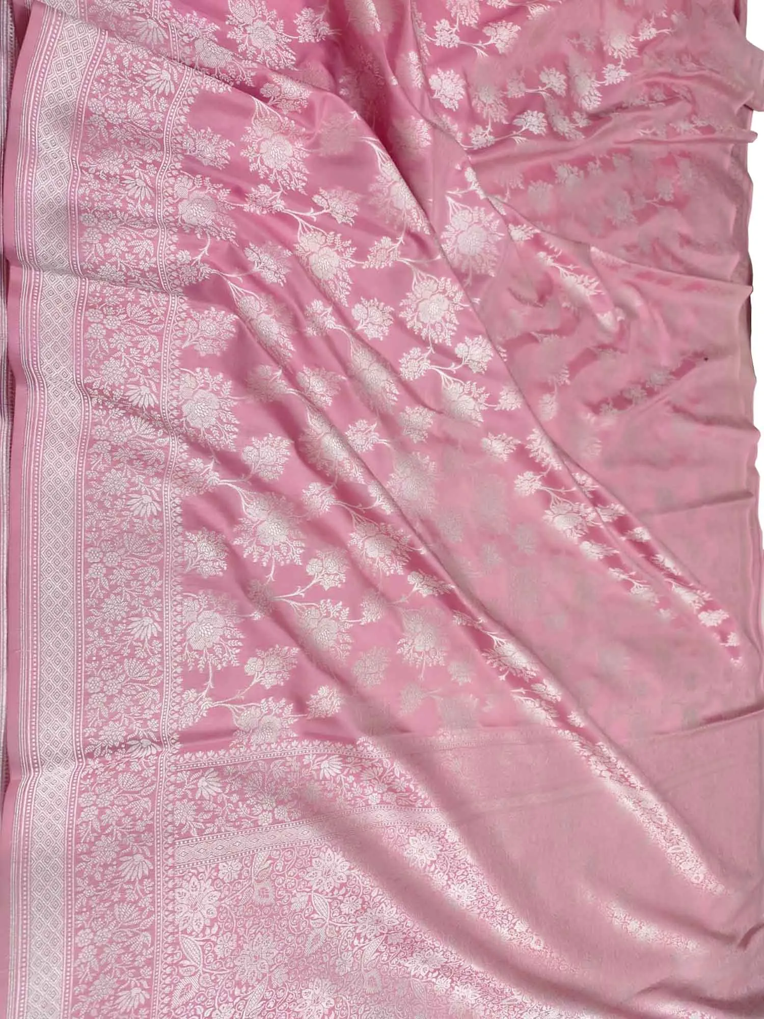 Elegant Pink Banarasi Silk Saree with Silver Zari