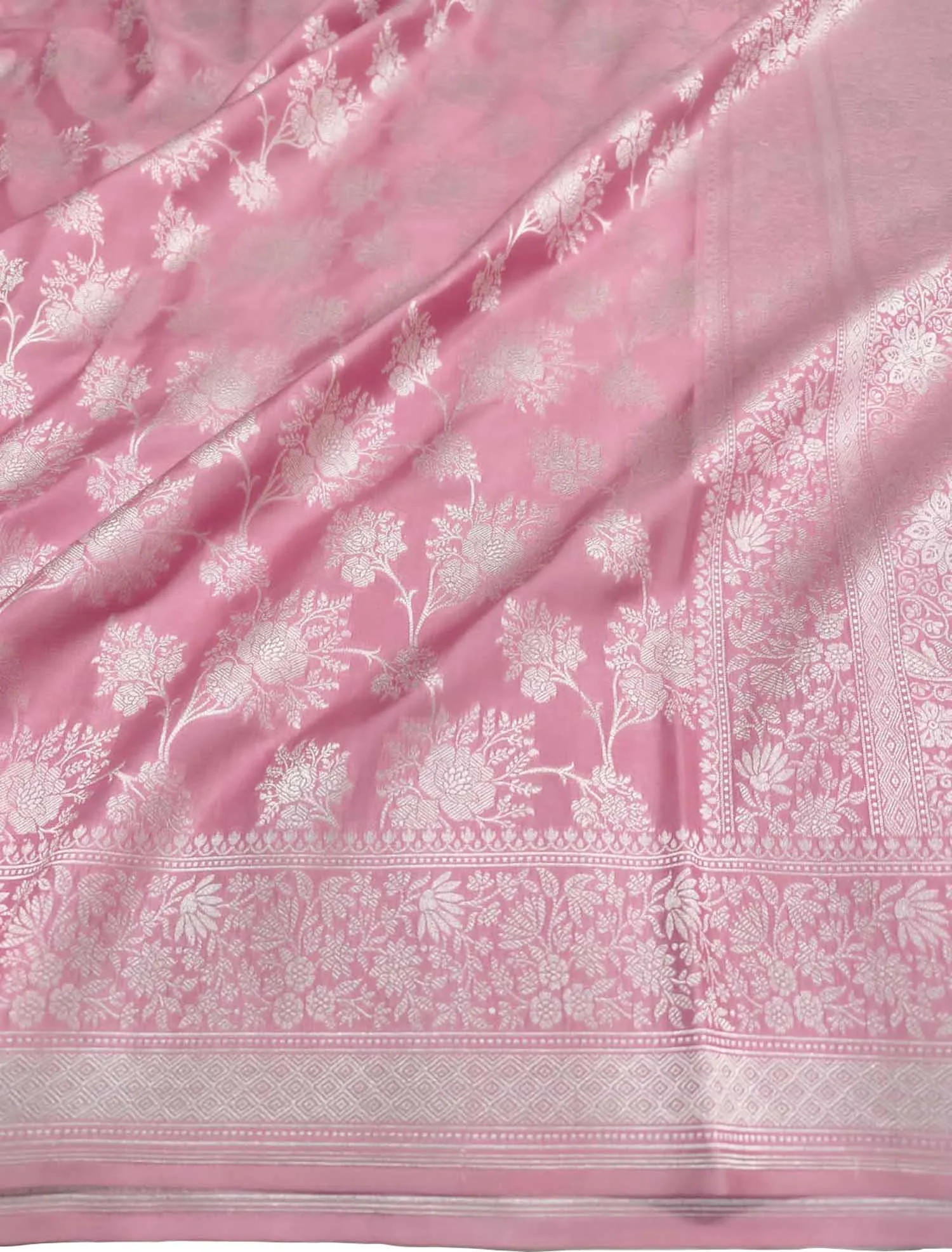 Elegant Pink Banarasi Silk Saree with Silver Zari