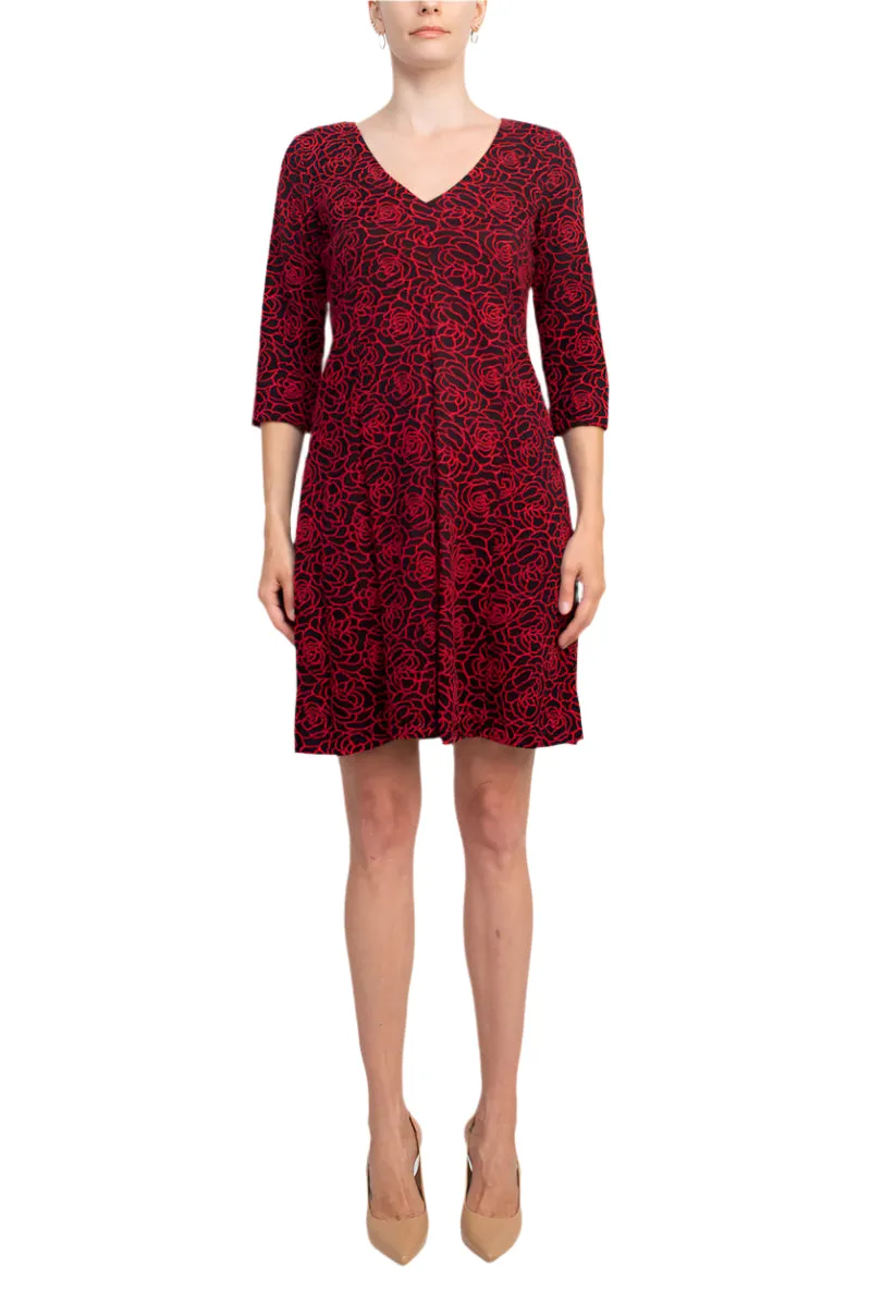 Emma & Michele V-Neck 3/4 Sleeve Embroidered Dress