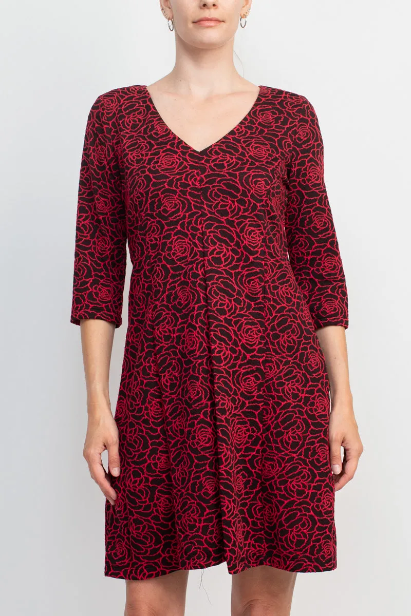 Emma & Michele V-Neck 3/4 Sleeve Embroidered Dress