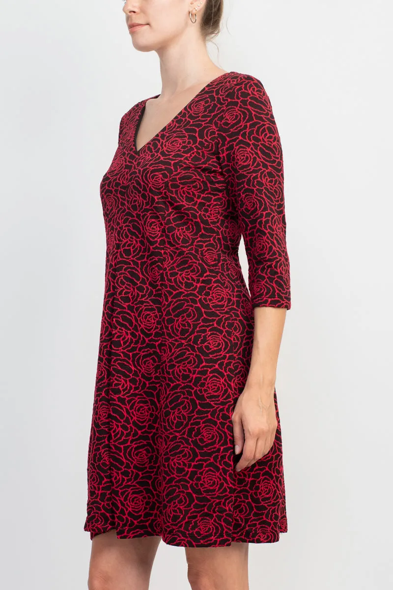 Emma & Michele V-Neck 3/4 Sleeve Embroidered Dress