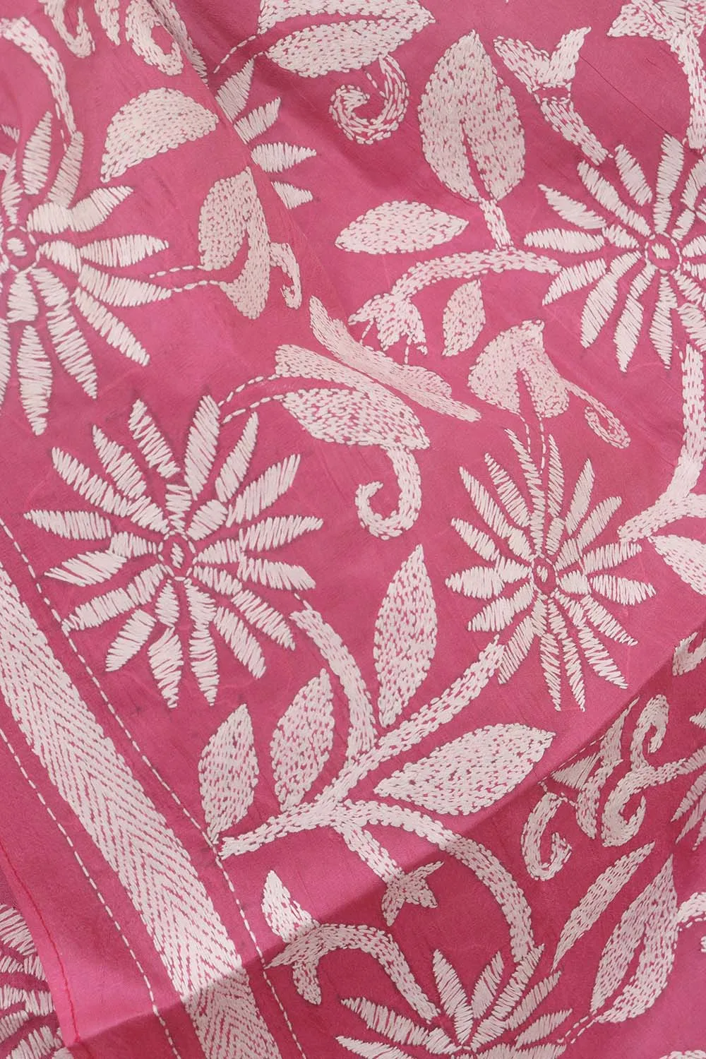 Exquisite Pink Kantha Silk Stole: Hand-Embroidered Elegance