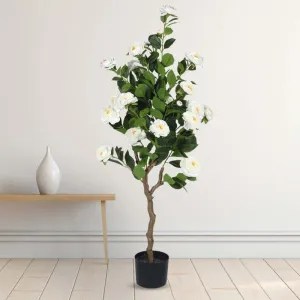 Faux Lush Mini Camellia Plant With Pot -  White -  4 Feet