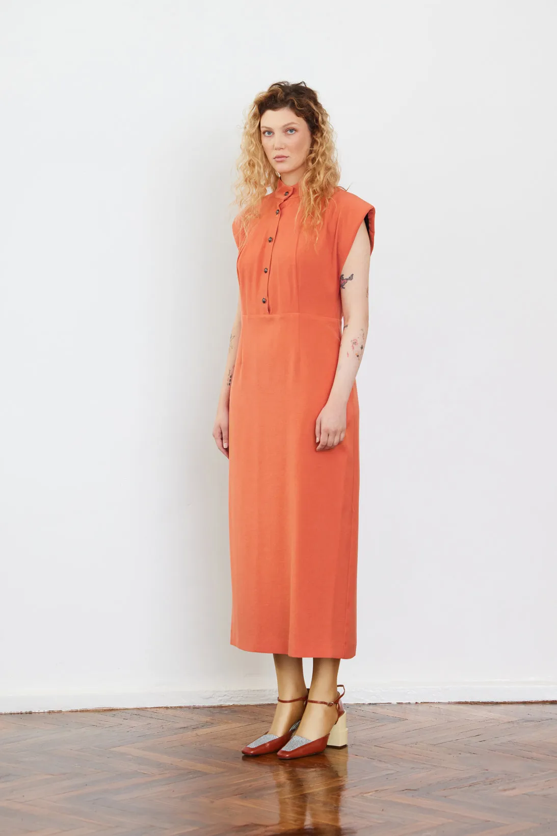 Fitted Sheath Dress With Shoulder Pads Orange