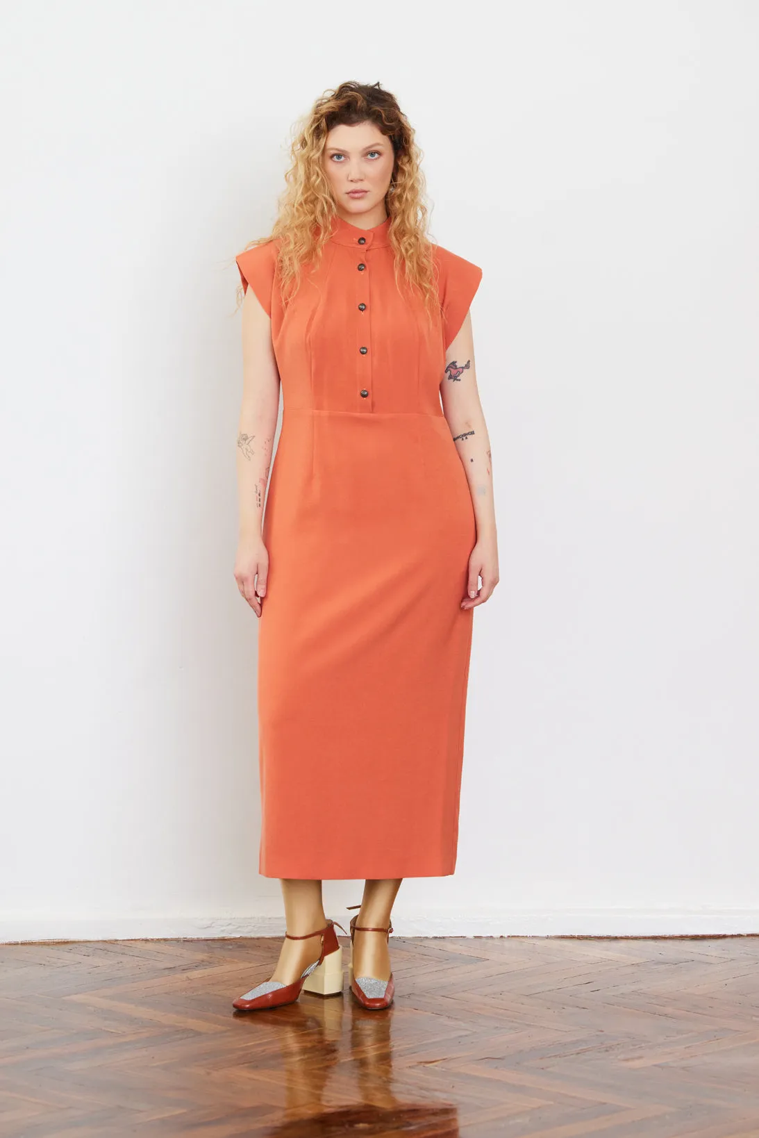 Fitted Sheath Dress With Shoulder Pads Orange