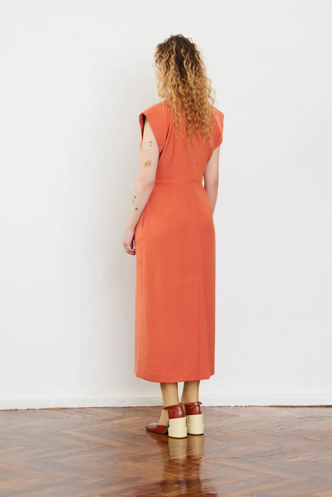 Fitted Sheath Dress With Shoulder Pads Orange