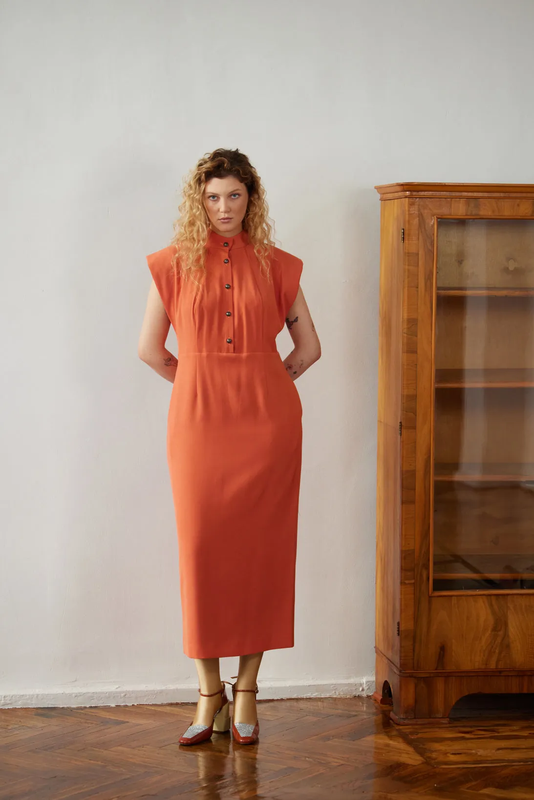 Fitted Sheath Dress With Shoulder Pads Orange