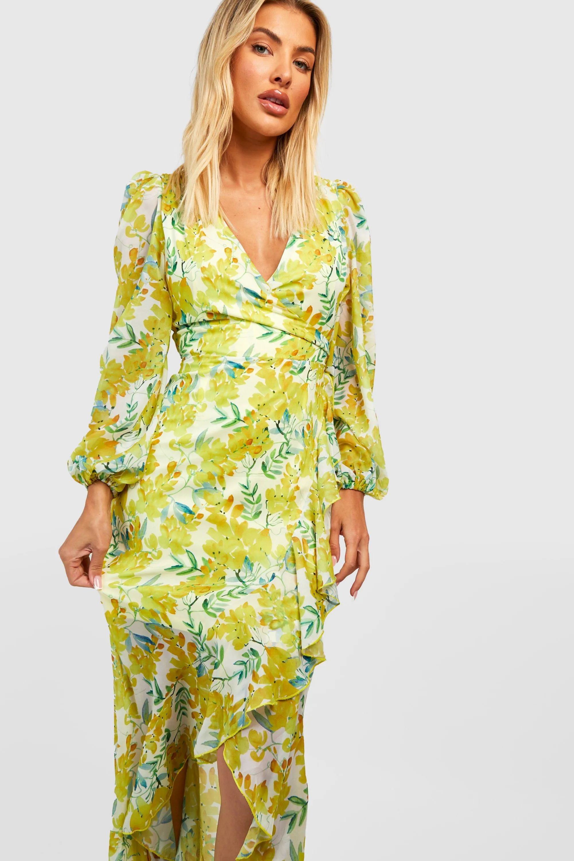 Floral Chiffon Maxi Dress with Boohoo Pants, Yellow