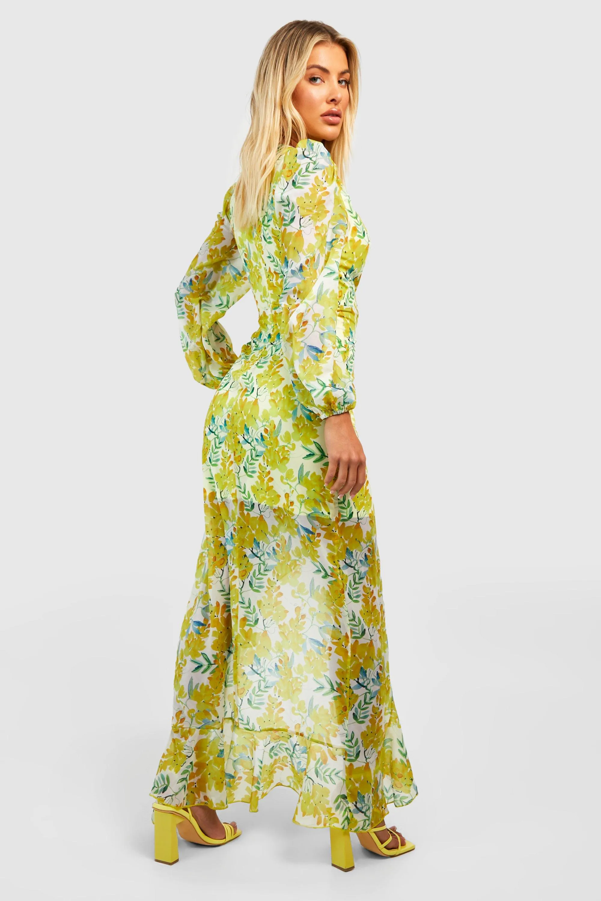 Floral Chiffon Maxi Dress with Boohoo Pants, Yellow