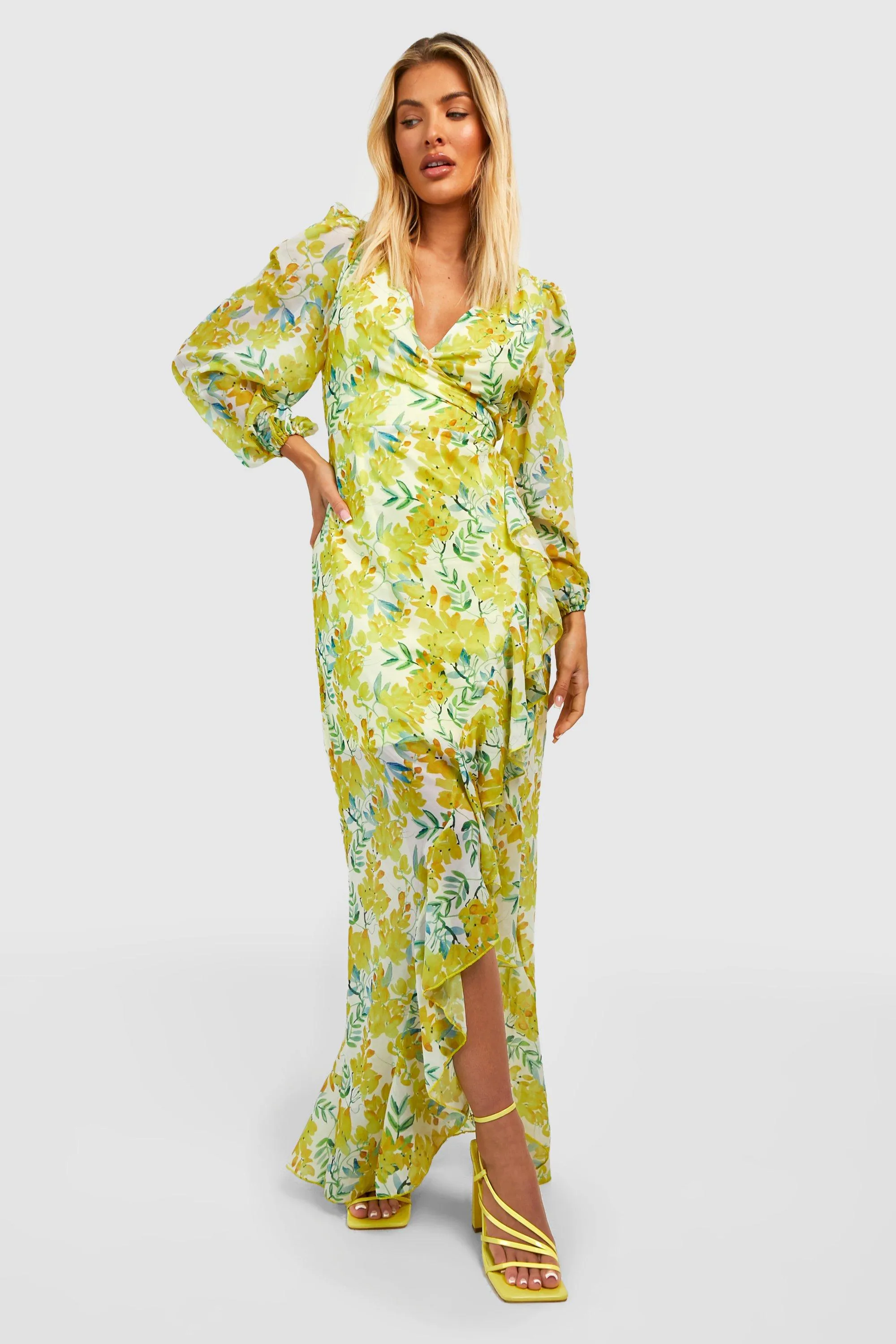 Floral Chiffon Maxi Dress with Boohoo Pants, Yellow