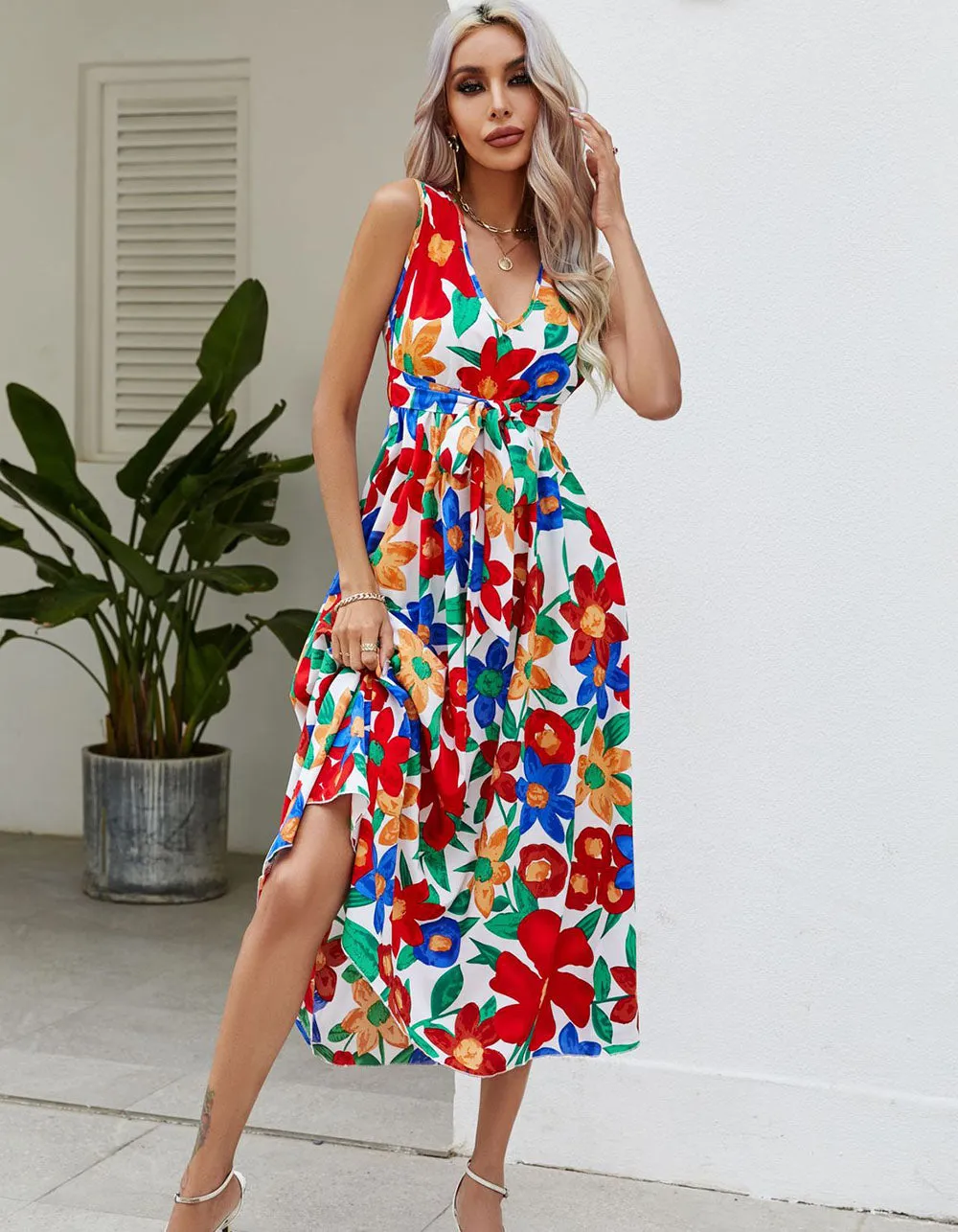 Floral Print V Neck Sleeveless Beach Midi A-Line Dresses