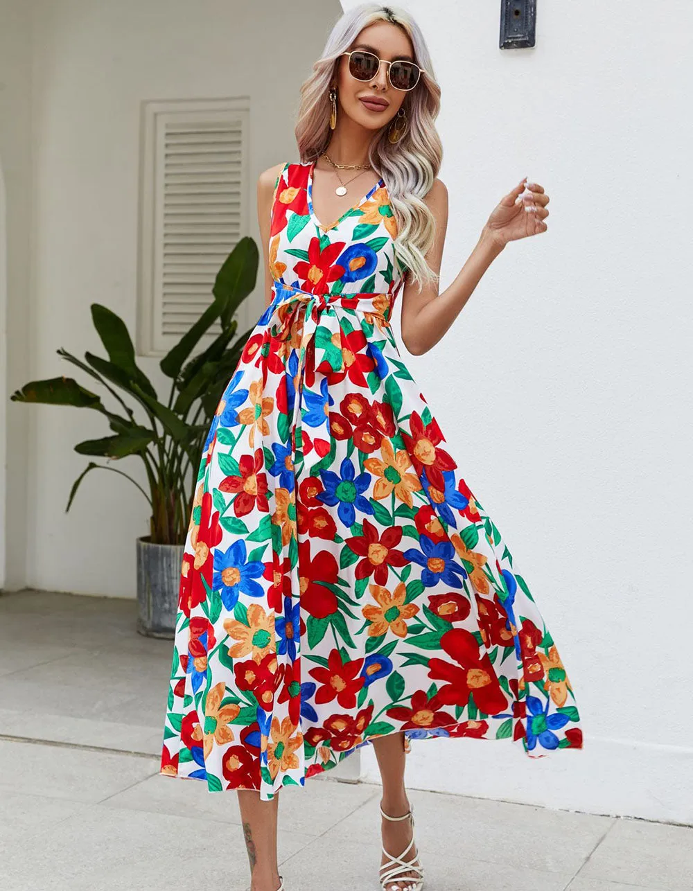 Floral Print V Neck Sleeveless Beach Midi A-Line Dresses