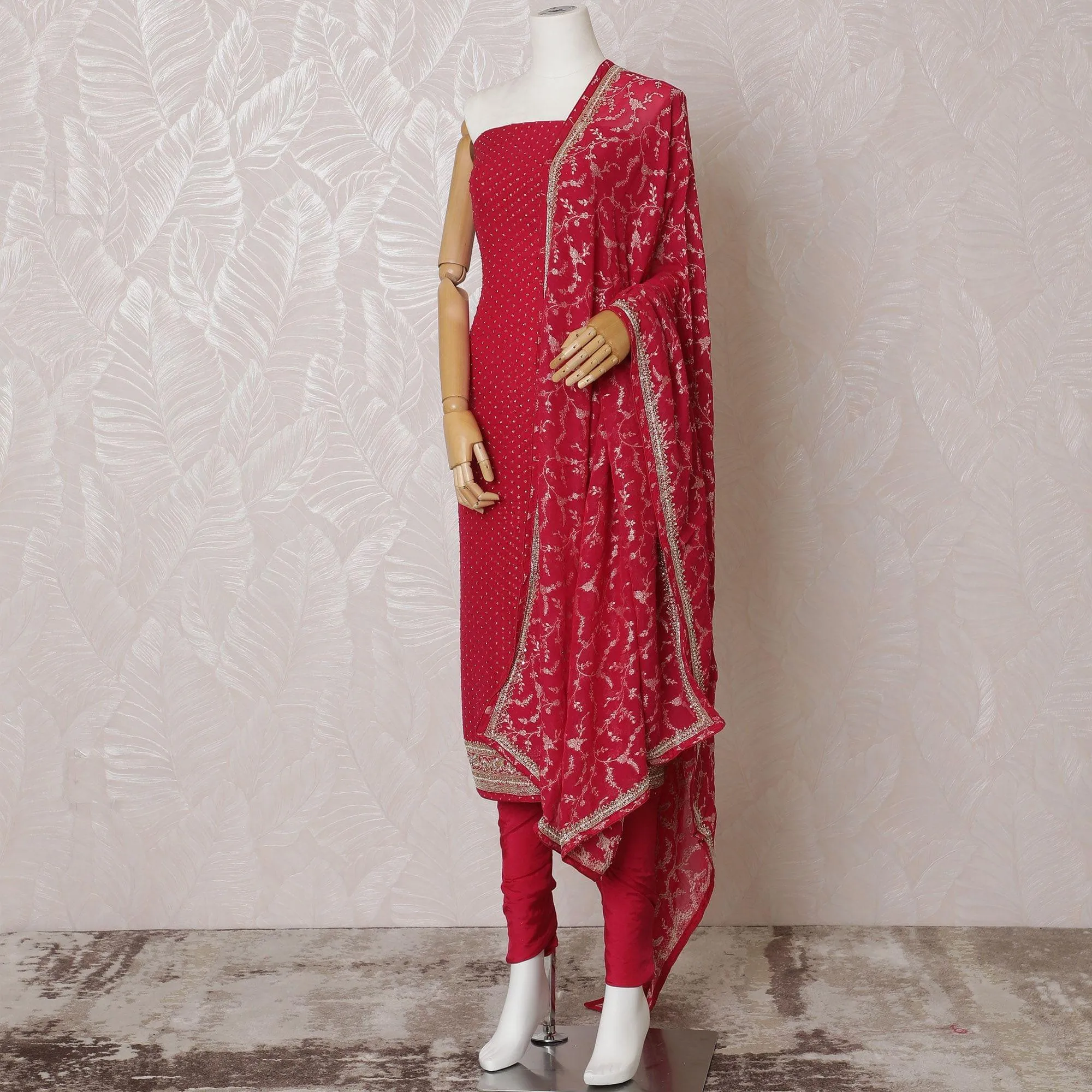 Fuchsia pink Premium pure silk georgette kameez with gold bead work and embroidery having stone work in floral design. Fuchsia pink plain salwar having same tone georgette jacquard dupatta-D14993