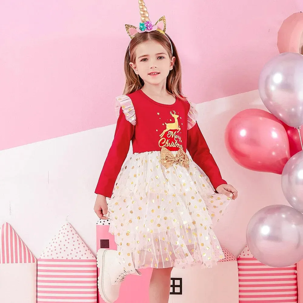 Girl Regular Sleeve Red Polka Dot Christmas Princess Dresses