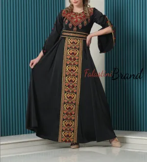 Gorgeous Black Satin Dress With Golden Embroidery