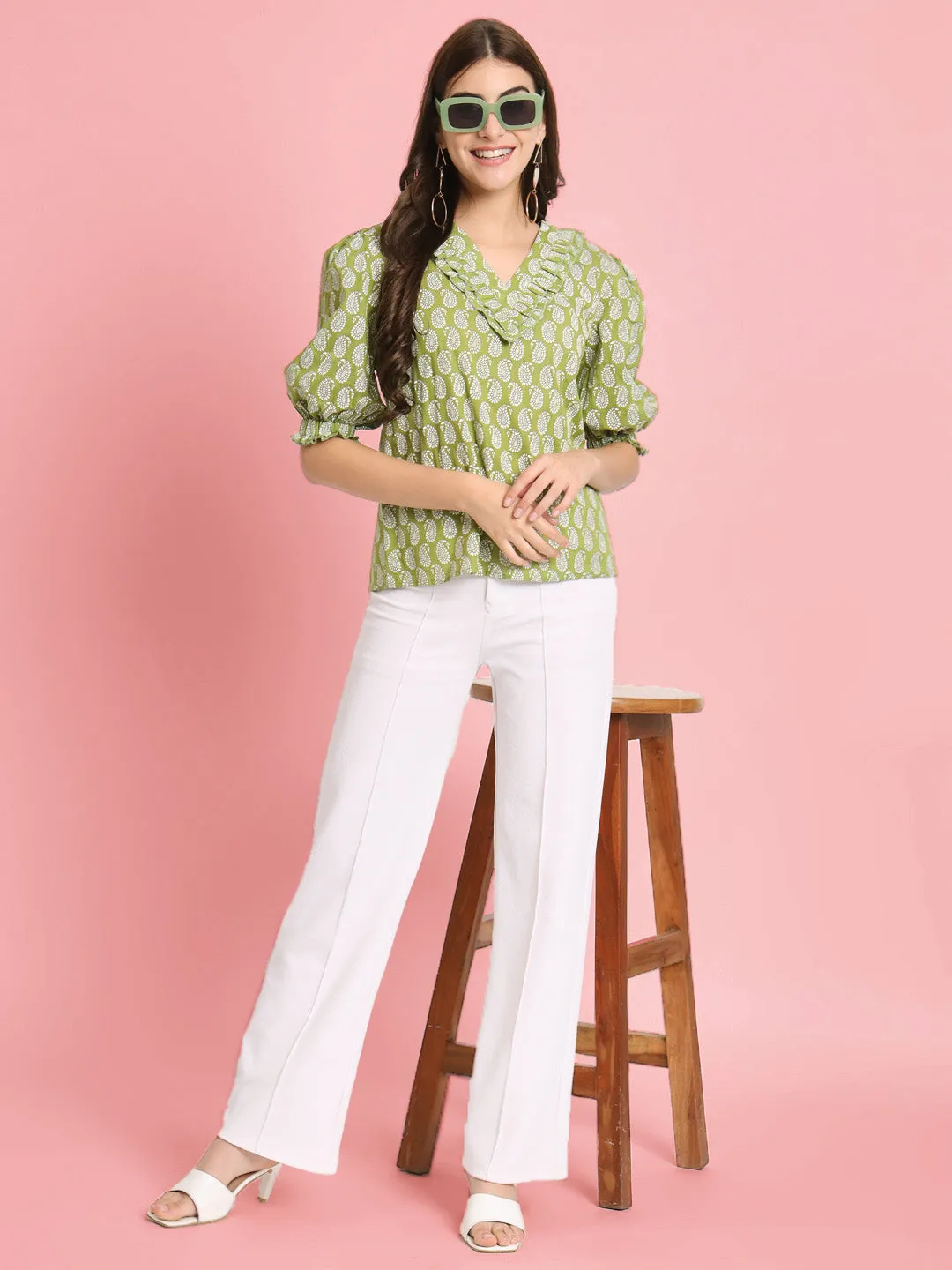 Green Floral Print Puff Sleeve Cotton Top