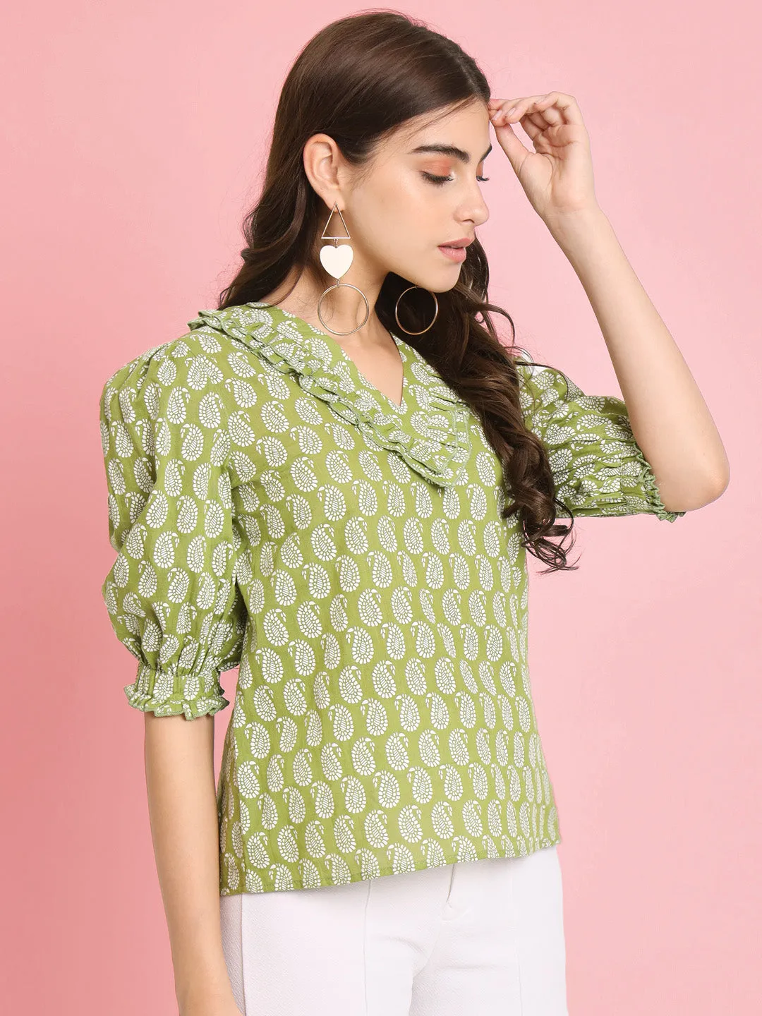 Green Floral Print Puff Sleeve Cotton Top