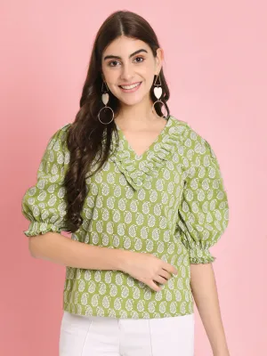 Green Floral Print Puff Sleeve Cotton Top