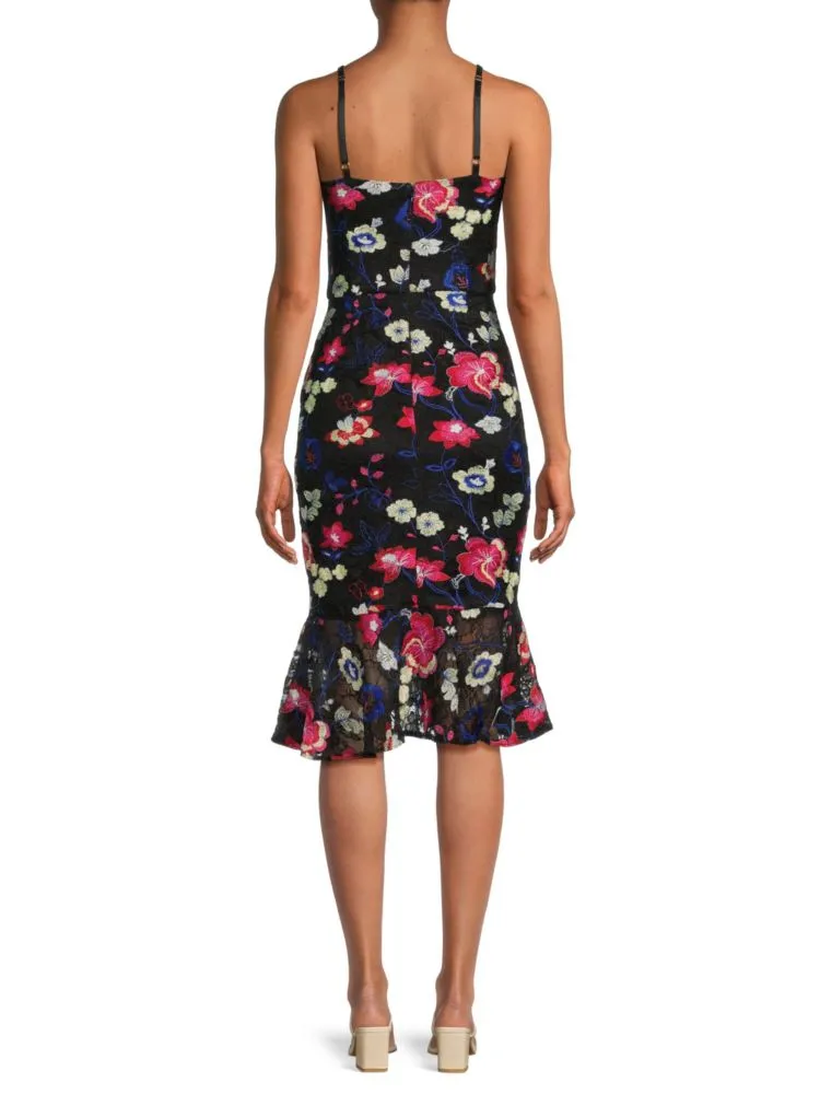 Guess Floral Lace Sheath Midi Dress - Black Multi