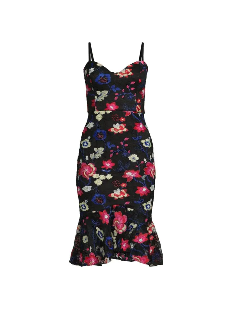 Guess Floral Lace Sheath Midi Dress - Black Multi