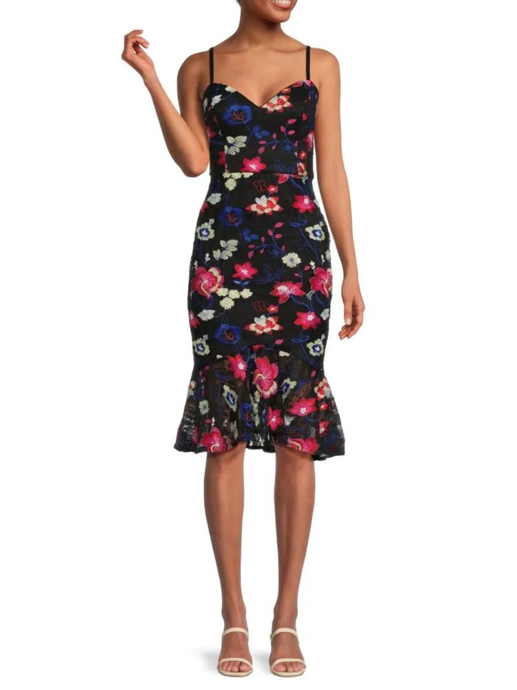 Guess Floral Lace Sheath Midi Dress - Black Multi