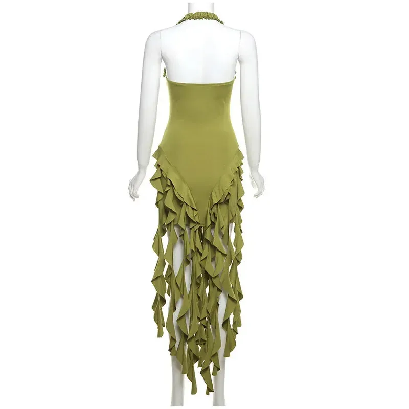 Halter Fringe Stylish Midi Dress