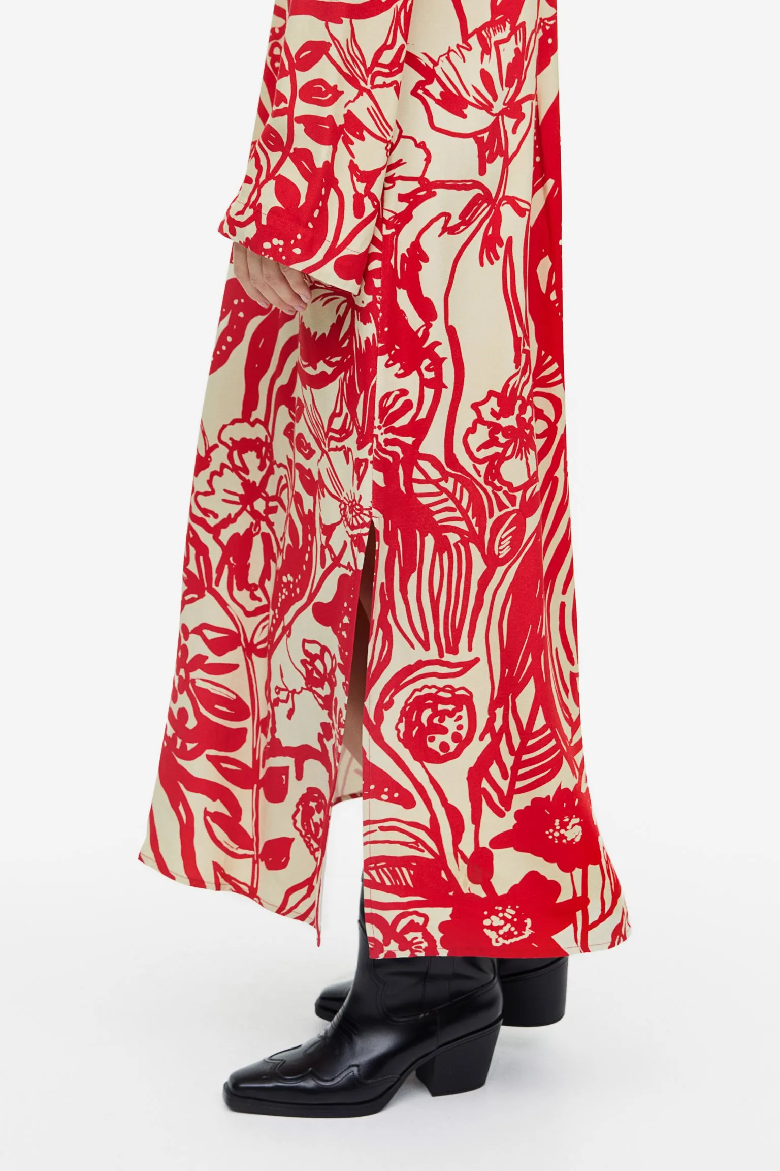 H&M Floral Patterned Tie-detail dress, light beige/red