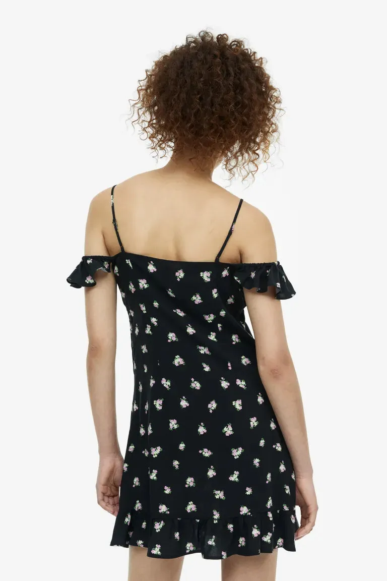 H&M Off Shoulder Fly Sleeve Dress, Black/Floral