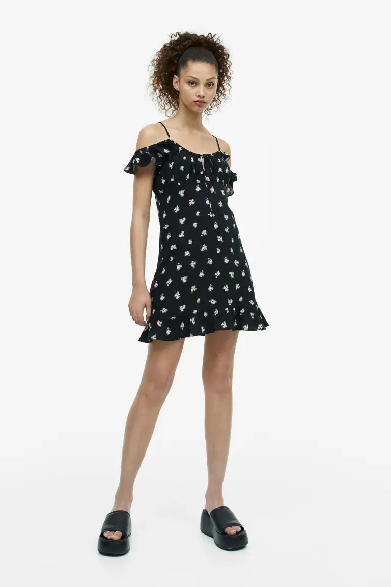 H&M Off Shoulder Fly Sleeve Dress, Black/Floral