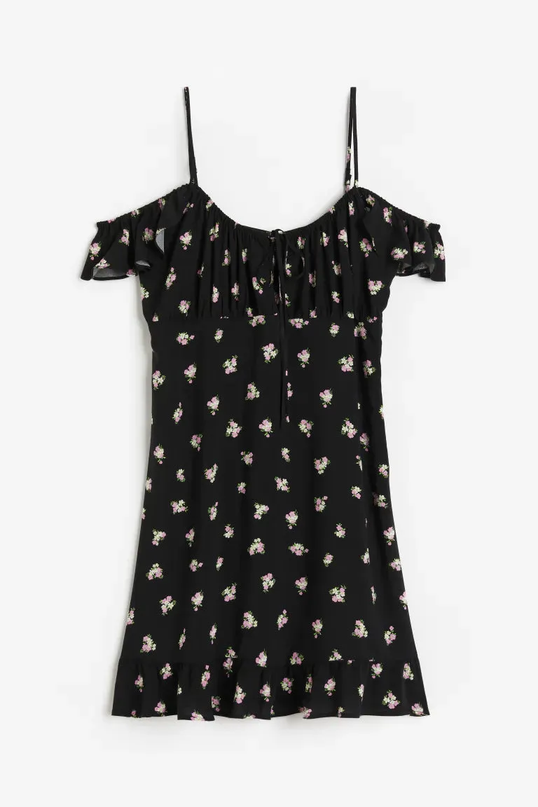 H&M Off Shoulder Fly Sleeve Dress, Black/Floral