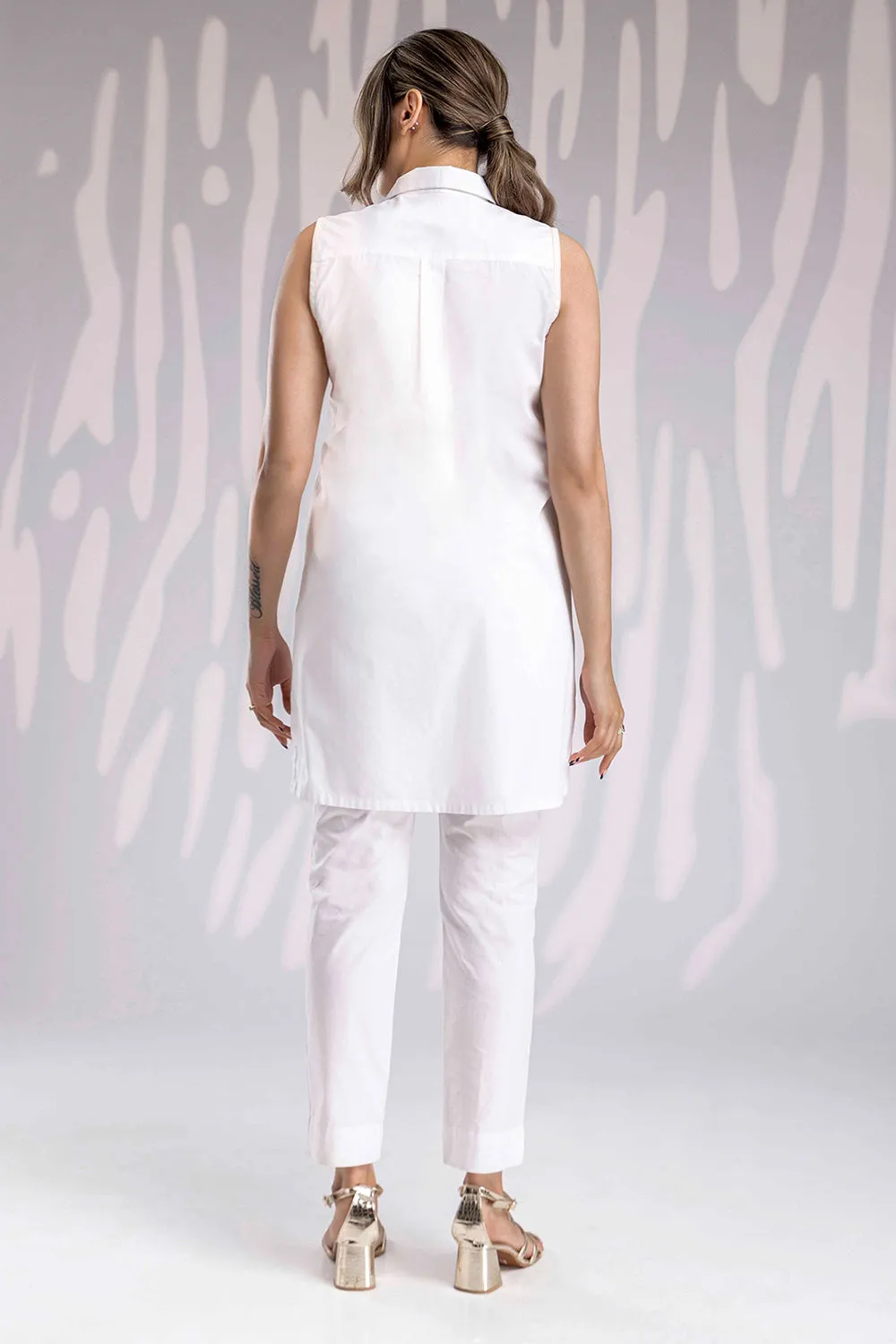 Handpainted Asymmetric Shirt Set - White