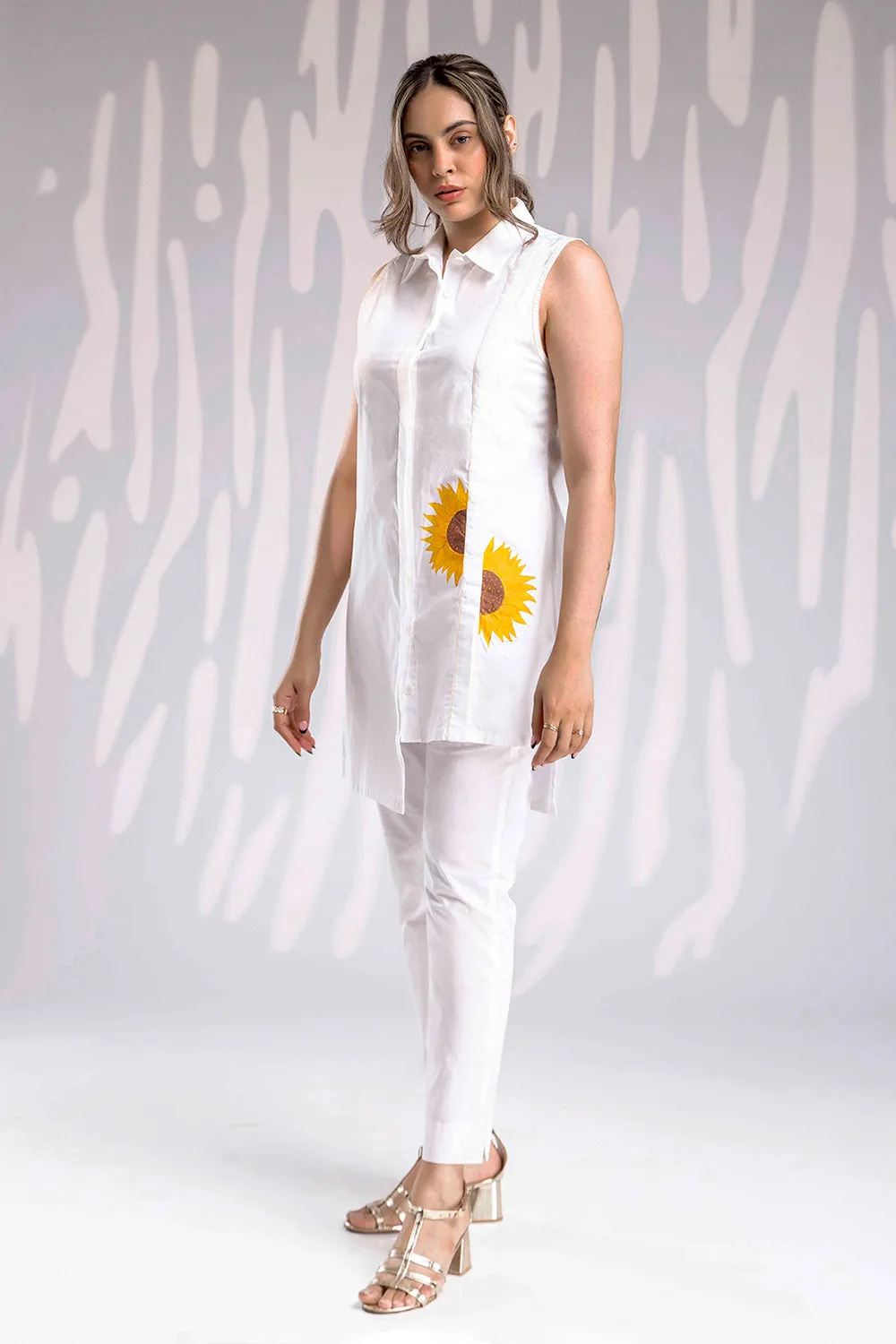 Handpainted Asymmetric Shirt Set - White