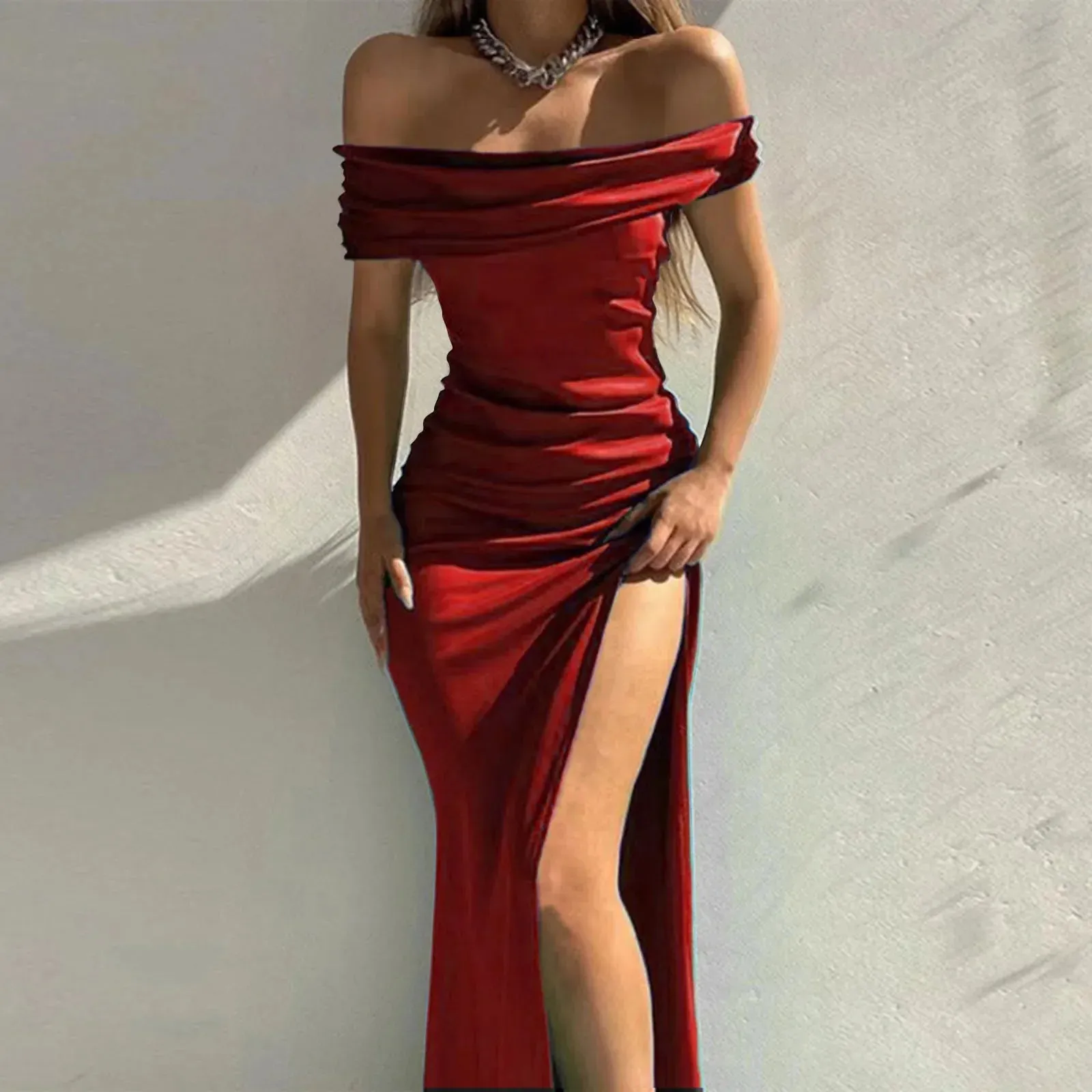 Hnzxzm Women's Formal Dresses Fashion Solid Color Off Shoulder Satin Slim Side Slit Midi Dress Elegant Party Evening Dress For Women