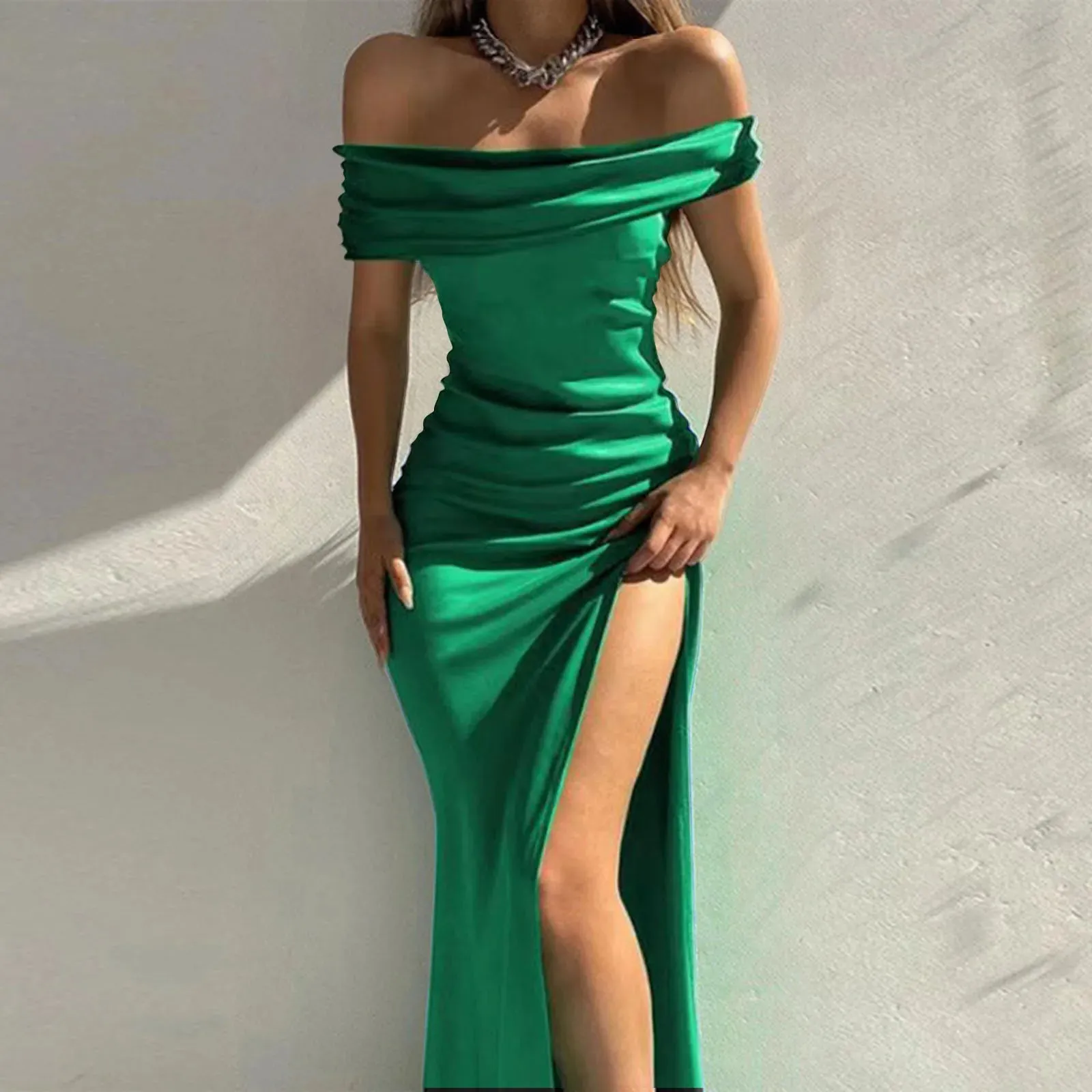 Hnzxzm Women's Formal Dresses Fashion Solid Color Off Shoulder Satin Slim Side Slit Midi Dress Elegant Party Evening Dress For Women