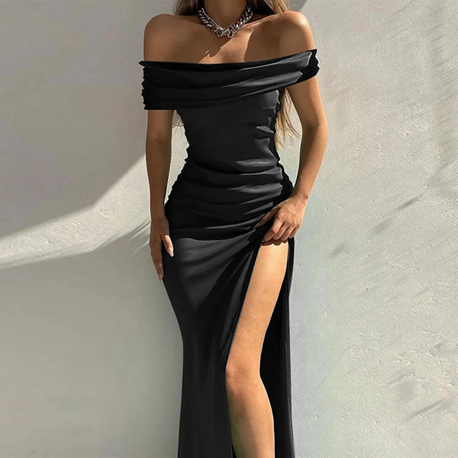 Hnzxzm Women's Formal Dresses Fashion Solid Color Off Shoulder Satin Slim Side Slit Midi Dress Elegant Party Evening Dress For Women