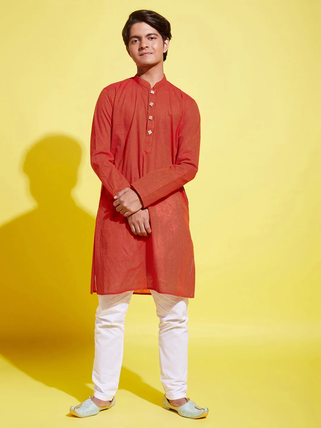 Jashvi Boy's Red Cotton Kurta and Pyjama Set