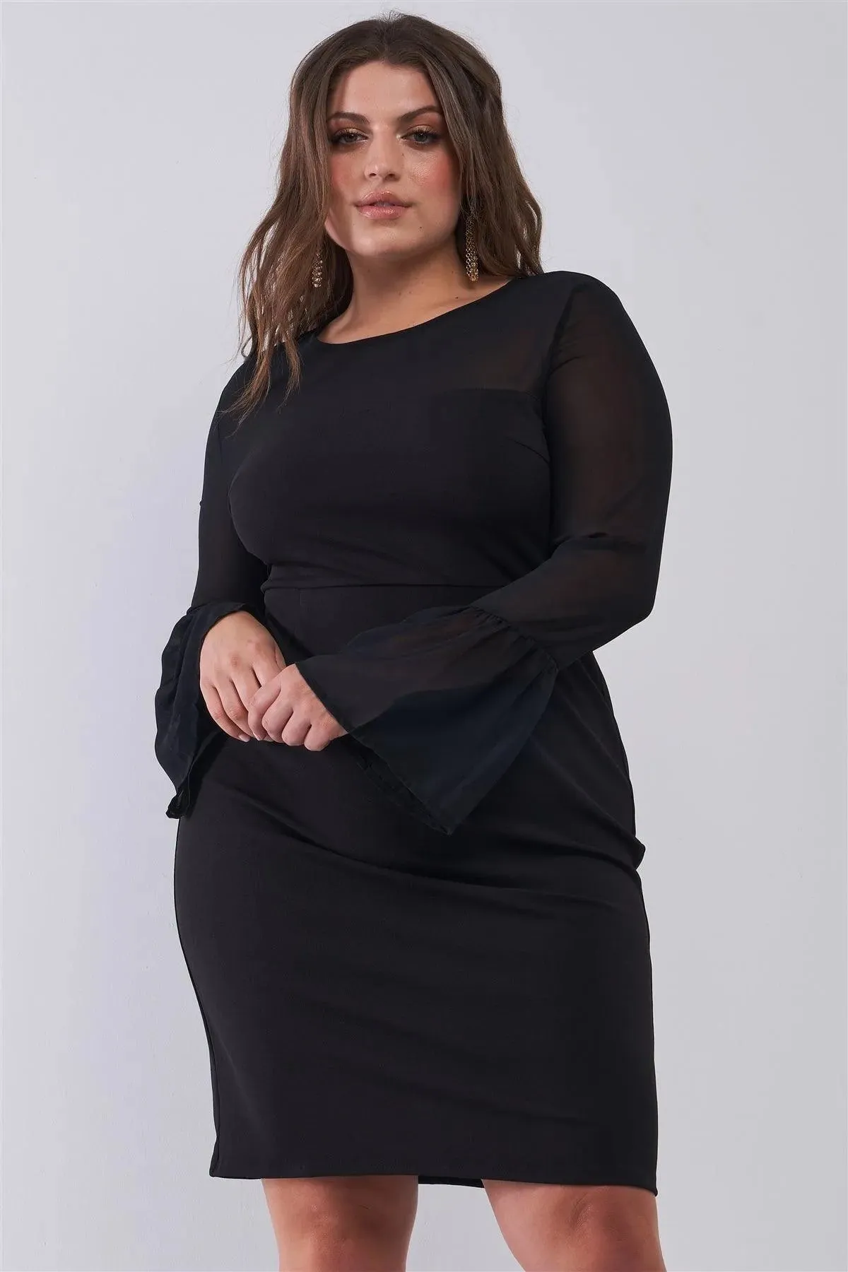 Junior Plus Size Classy Black Round Neck Flared Sheer Mesh Sleeve Detail Structured Tight Mini Dress /1-3-2