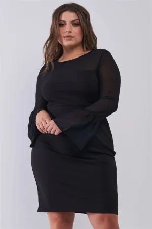 Junior Plus Size Classy Black Round Neck Flared Sheer Mesh Sleeve Detail Structured Tight Mini Dress /1-3-2