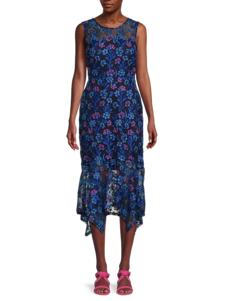 Kensie Floral Asymmetrical Midi Dress, Navy