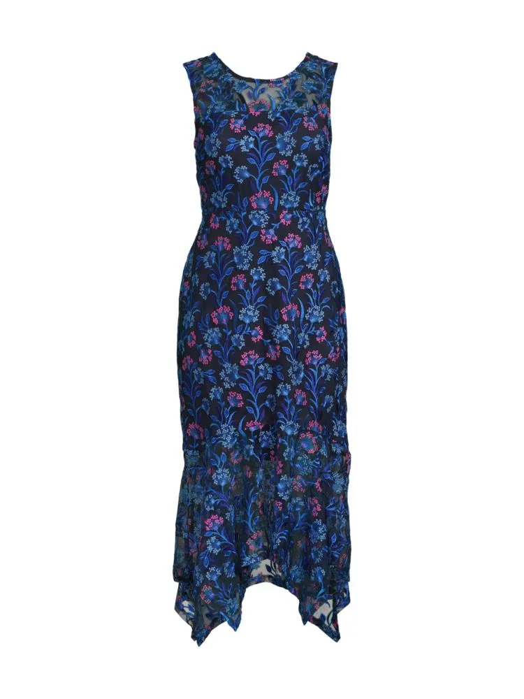 Kensie Floral Asymmetrical Midi Dress, Navy