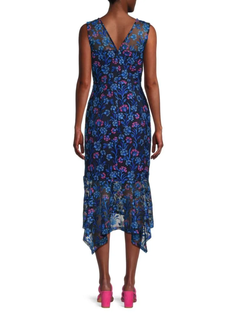 Kensie Floral Asymmetrical Midi Dress, Navy