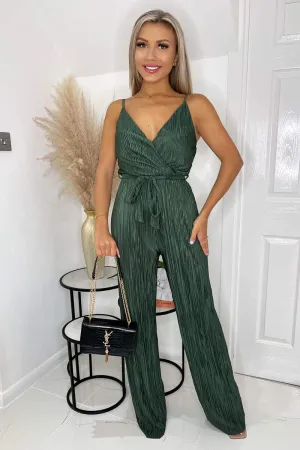 Khaki Wrap Top Tie Waist Full Length Plisse Jumpsuit