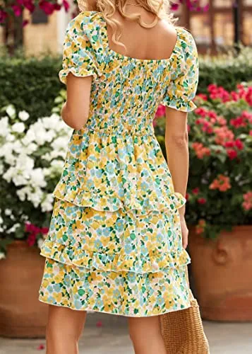 KIRUNDO 2023 Summer Women's Square Neck Smocked Floral Dress Boho Off Shoulder Tiered Ruffle Flowy Mini Short Dresses(Yellow, Medium)