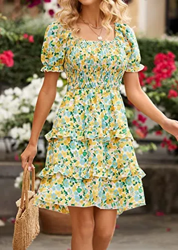 KIRUNDO 2023 Summer Women's Square Neck Smocked Floral Dress Boho Off Shoulder Tiered Ruffle Flowy Mini Short Dresses(Yellow, Medium)