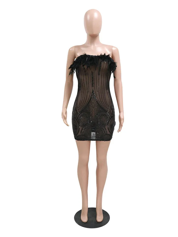 Lila Black Sequin Elegant Glitter Feather Short Sheer Mesh Strapless Bodycon Mini Dress