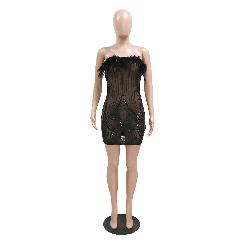 Lila Black Sequin Elegant Glitter Feather Short Sheer Mesh Strapless Bodycon Mini Dress