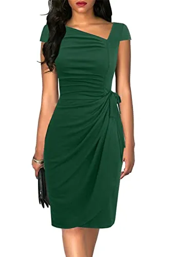 Liyinxi Women's Elegant Short Sleeves Knee Length Sheath Summer Bodycon Birthday Party Green Faux Wrap Dress (S, L8022-Green)