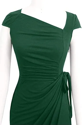 Liyinxi Women's Elegant Short Sleeves Knee Length Sheath Summer Bodycon Birthday Party Green Faux Wrap Dress (S, L8022-Green)