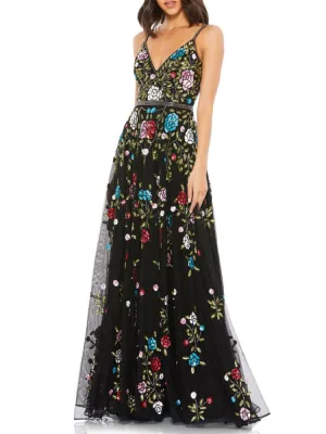 Mac Duggal Sequin Floral A-Line Dress in Black Multi